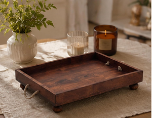 Bandeja de Madera para Servir con Asas de Cuerda y Patas de Bola, Bandeja Rústica de Madera para Té, Café, Desayuno, Comida y Bebidas - Product Image 2