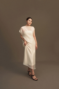 Women's <b>Red</b> <b>Silk</b> Organza Dress, Asymmetrical Shoulder, Voile Fabric, Loose Straight Fit, Breathable Elegant Minimalist Style - Product Image 5