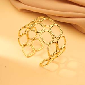 Handcrafted Gold Plated Brass Geometric Square Link Open Cuff Bracelet – Modern Statement <b>Bangle</b> for Women - Product Image 2