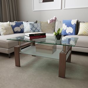 Modern Rectangle Glass Coffee <b>Table</b> 38.6" <b>Clear</b> Tempered Top MDF Walnut Living Room Home Bar - Product Image 3