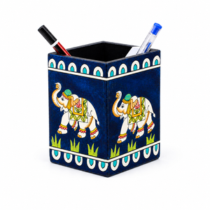 Hand Painted Wooden Rectangle Pen Stand | <b>Elephant</b> Design Desk Organizer | Handmade Back School Office Home Desktop Pencil - Product Image 4