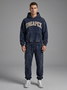 Conjunto de Sudadera con Capucha y Pantalones Deportivos para Hombre, Color Azul Marino, Lavado Ácido, con Estampado Gráfico, Algodón Grueso, Ropa Deportiva Urbana, Marca Privada Personalizada - Product Image 5