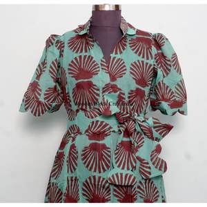 Robe longue élégante pour femme à manches courtes, imprimé floral, style décontracté vintage, 100% coton, taille naturelle avec ceinture, lavable, vente en gros - Product Image 4