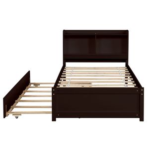 Espresso Twin <b>Bed</b> with Trundle and Bookcase for Organization and <b>Space</b> <b>Saving</b> - Product Image 2