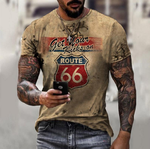 Nouveaux T-shirts d'été pour hommes, coupe ample et oversize, style vintage, manches courtes, imprimé lettres Route 66, col rond - Product Image 1
