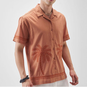 Camisa de Manga Corta para Hombre con Bordado de Palmera, Color Naranja, Cuello Camisero, Estilo Casual de Verano, 100% Algodón Popelina Transpirable - Product Image 3