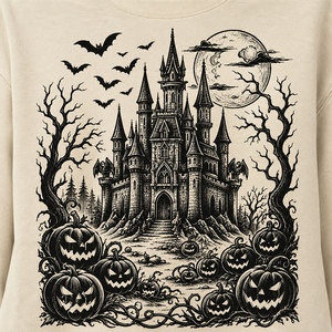 Sweat-shirt imprimé Château Effrayant pour Femme, Col Rond, Épaules Tombantes, Pull Décontracté à Manches Longues pour l'Automne, Service OEM - Product Image 3