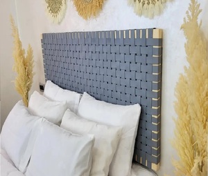 Tête de lit minimaliste en bois tressé avec revêtement en cuir, lit mural King Size, fait main, finition naturelle écologique, moderne - Product Image 5