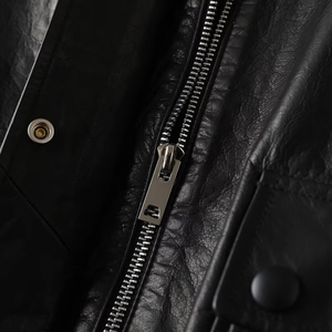 <b>Men</b> Genuine Leather Denim <b>Jacket</b> Turn-down Collar Epaulet Single Button Moto Biker Style Winter Solid Color <b>Short</b> Regular Fit - Product Image 3