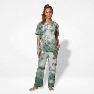 Women's Cotton Bamboo Knitted 220g Pajama <b>Set</b> Short Sleeve O-Neck Long Pants Casual Breathable 2 Piece Regular Fit All Seasons - Product Image 3