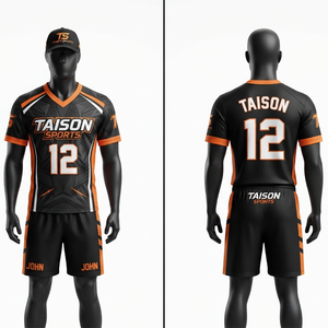 ชุดยูนิฟอร์มฟุตบอลธงชาย พรีเมียม 180 GSM ผ้าโพลีเอสเตอร์อินเตอร์ล็อค ระบายอากาศได้ดี สีส้มดำ ดีไซน์แผงสี  ชุดทีมสั่งทำพิเศษ ขาสั้นด้านหน้า - Product Image 1