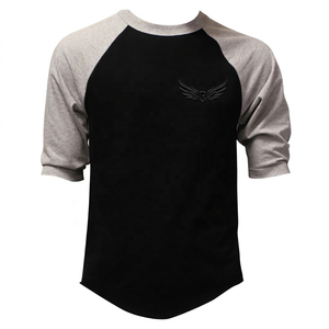 Men's <b>Black</b> Gray Raglan Sleeve T-Shirt Embossed <b>Wing</b> Logo O-Neck Casual Fit 100% Cotton Jersey Regular Length - Product Image 1
