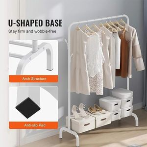Minimalist Standing Metal Clothing Rack With <b>Shoe</b> Shelf And Basket <b>Storage</b> For <b>Wardrobe</b> Use Height Adjustable Double Tier Design - Product Image 6