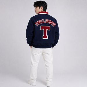 New Arrivals Men's Navy Varsity Jacket Front <b>Red</b> T Applique Embroidered Patch Soft <b>Wool</b> Fit Custom Color Premium Windproof - Product Image 4