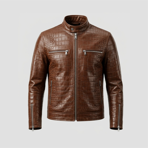 Chaqueta de Cuero PU con Estampado de Cocodrilo para Hombre, Cuello Alto, Cierre de Cremallera, Estilo Motero, Corte Ajustado, para Otoño - Product Image 1
