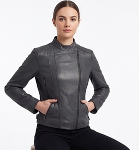 Wholesale <b>Women</b> Genuine <b>Leather</b> Winter Windproof Zipper Slim Fit Mandarin Collar <b>Moto</b> Biker <b>Jacket</b> Custom Casual Streetwear - Product Image 5