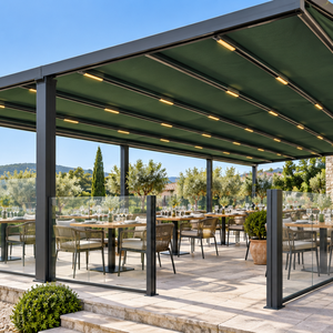 Pérgola Moderna de Tela Roja al por Mayor con Estructura de PVC Impermeable, Motorizada, con Luces LED RGB, Techo Parasol Ecológico para Exteriores y Playa - Product Image 4