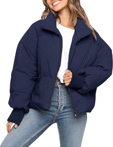 Women's Navy Quilted Jacket <b>Stand</b> Collar Full Sleeve Zipper Closure Thick Winter Solid Color Regular Length Casual <b>Coat</b> - Product Image 6