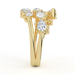 Bague Dramatic Vine Bypass en Or Jaune, Bande Fendue Asymétrique, Diamant Poire Rond, Grappe Botanique, Bijou Statement - Product Image 5