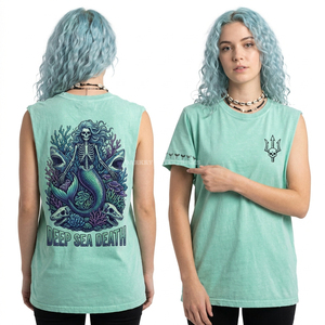 เสื้อยืดแขนกุดสีม่วงอมม่วง 230GSM สำหรับผู้หญิง ลายกราฟิกหัวกะโหลกหนวดปลาหมึก ดีไซน์ขาดๆ แบบวินเทจ ผ้าฝ้าย - Product Image 5