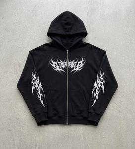 <b>Black</b> <b>Zip</b>-Up <b>Hoodie</b> Custom Graphic Sweatshirt Flame Print Oversized Winter Knitted Pullover <b>Hoodie</b> for Streetwear OEM Service - Product Image 1