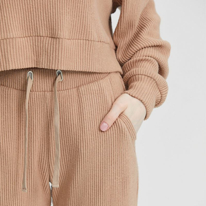 Survêtement beige à capuche pour femme, couleur unie, manches longues, décontracté, respirant, avec cordon de serrage, coupe ample, 100 % coton, idéal pour l'automne - Product Image 5