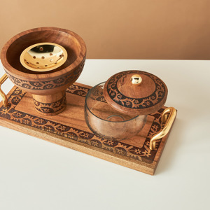 Ensemble de brûleur à bakhoor en bois de luxe avec récipient à encens en verre, plateau porte-oud arabe pour la maison, l'hôtel et la collection de cadeaux - Product Image 4