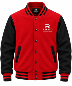 Veste varsity homme rouge et noire, décontractée, boutonnée, couleur unie, polyester et coton, vêtements d'extérieur, vestes de sport pour homme. - Product Image 1