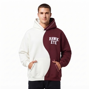 Sudadera con Capucha Bicolor para Hombre, Bloques de Color, Algodón y Forro Polar, Oversize, Casual, Blanco y Granate, Ajuste Relajado, Hombros Caídos - Product Image 3