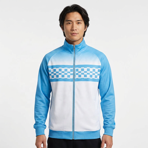 Veste longue unisexe bleue et blanche à blocs de couleur, col montant, fermeture éclair, style sportif, en polaire tricotée, écologique, pour l'hiver - Product Image 5
