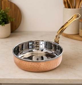 Sartén de acero inoxidable lisa con mango largo y acabado en cobre para cocina doméstica, utensilios de cocina, sartén para cocinar en estufa. - Product Image 6