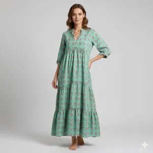 Robe midi bohème pour femme en coton bleu clair à imprimé floral, manches 3/4, coupe ample, col en V, robe d'été décontractée - Product Image 2
