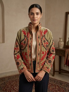 Blouson bomber en velours beige brodé pour femme, col montant, manches longues, motif Suzani, doublure en coton velours épais et écologique - Product Image 3