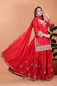 Recién lanzado Colección de moda Fancy Flared Kurta Plazzo Dupatta Pure Chinon Seda Atractivo Bordado Salwar Kameez - Product Image 4