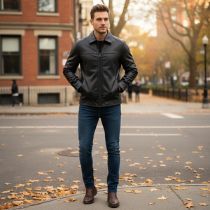 Veste en cuir PU pour homme, couleur unie, col rabattu, coupe ajustée, manches classiques, fermeture éclair, style motard, vêtement d'automne - Product Image 6