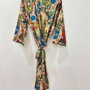Bata Kimono con Estampado Floral para Mujer, Manga Larga, Largo Completo, Ropa de Dormir Informal, 100% Algodón, Ropa de Verano - Product Image 1
