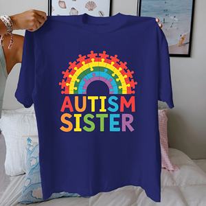 AUTISM SISTER Camiseta de manga corta de algodón puro con estampado informal para mujer, ajuste cómodo - Product Image 2