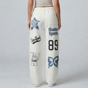 Hunter Sports <b>Women's</b> <b>White</b> Wide Leg Sweatpants Embroidered Logo Plus Size Loose Fit High Waist Fleece <b>Joggers</b> - Product Image 2