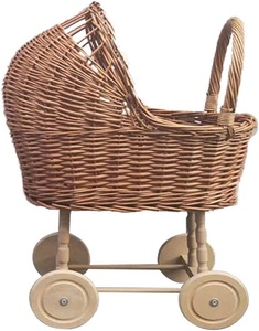 รถเข็นตุ๊กตาหวายทำมือพร้อมล้อ |   รถเข็นเด็กของเล่นหวายวินเทจสำหรับตกแต่งห้องเด็กเล่นและเป็นอุปกรณ์ประกอบฉากถ่ายภาพเด็ก - Product Image 1