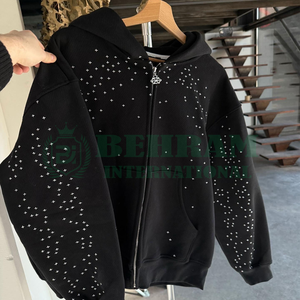 Custom OEM Winter Men's Oversized Heavyweight 100% Cotton Fleece Rhinestone Double Zip-Up <b>Hoodie</b> & Sweatshirts Streetwear - Product Image 6