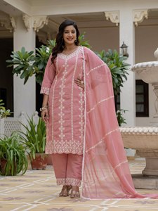 Pink Embroidered Silk Salwar Kameez Set <b>Net</b> Dupatta Women Traditional Casual Wear India Pakistan Style Summer Winter All Seasons - Product Image 1