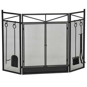 Schermo per caminetto pieghevole a 3 pannelli nero 2 porte magnetiche Set di utensili per caminetto 48 \ "X 0.75 \" protezione per scintilla antincendio spazzola per legna - Product Image 1