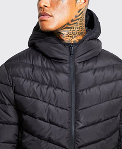 Custom Logo <b>Men's</b> Black Hooded Puffer Jacket Windproof Zipper Closure Casual Winter <b>Coat</b> Thick Polyester Filling Embroidery Logo - Product Image 3