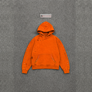 Sweat-shirt à capuche oversize délavé style urbain orange avec détails en strass et finition délavée, style décontracté, en molleton French Terry - Product Image 5
