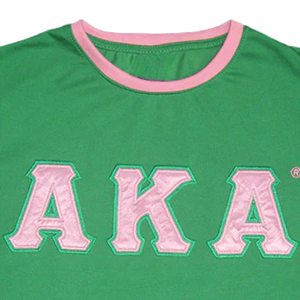 เสื้อยืด AKA Green Ringer แต่งขอบสีชมพู ปักตัวอักษรกรีก เสื้อยืดลำลองสำหรับผู้หญิง สีเขียวและสีชมพู - Product Image 5