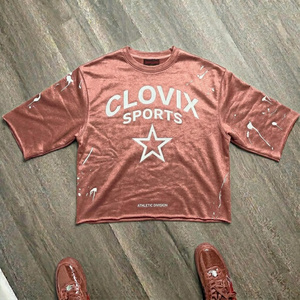 Camiseta Corta de Hombros Caídos Estilo Streetwear al por Mayor - Diseño con Salpicaduras de Pintura Azul Marino - Product Image 1