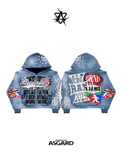 Sudadera con Capucha y Cremallera de Mezclilla para Hombre ASGARD, Estilo Urbano, Chaqueta Oversize Estampada con Logos de Marca y Diseño de Estrellas, Estilo Otoñal - Product Image 1