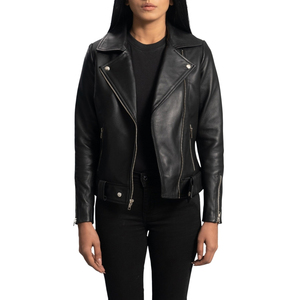 Chaqueta de Motociclista de Cuero Negra para Mujer, con Cierre Asimétrico, Cuello Camisero - Product Image 2