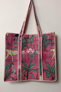 Bolso Tote de Algodón Acolchado Jaipuri, Color Rosa, con Estampado de Bloques de Animales Tropicales, Bolso de Hombro para Mujer, Ecológico, Hecho a Mano, Bolso de Compras - Product Image 1