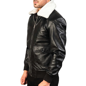 Veste en cuir noir élégante avec col en fourrure blanche, en cuir de mouton de qualité supérieure, chaude et confortable pour l'hiver, vêtement d'extérieur tendance. - Product Image 3